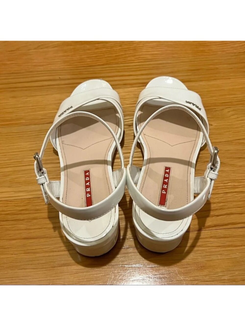 💯 Authentic PRADA White Patent Crisscross Vernice Linea Rossa Wedge Sandals - Picture 5 of 12